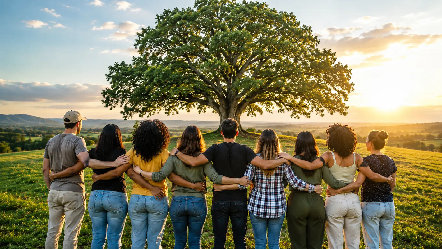 Community standing together under a tree at golden hour